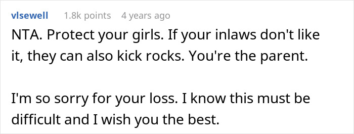 Comment discussing in-laws and parental protection amid spiteful accusations.