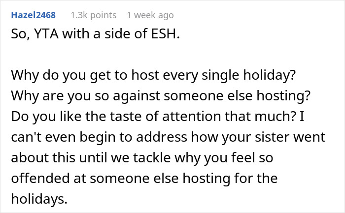 Reddit comment discussing family conflict about changing tradition and one sibling quickly shutting down the other. Reddit comment discussing family conflict about changing tradition and one sibling quickly shutting down the other.