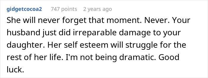 Screenshot of a forum comment discussing a husband fat-shaming his 13-year-old daughter and accusations of coddling.