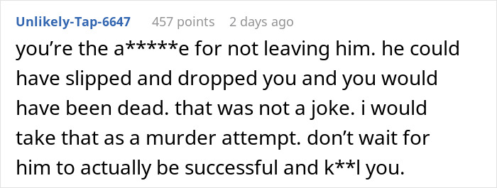 Comment warning about the prank where the husband dangled his wife over the parking garage edge, discussing the serious risk involved.