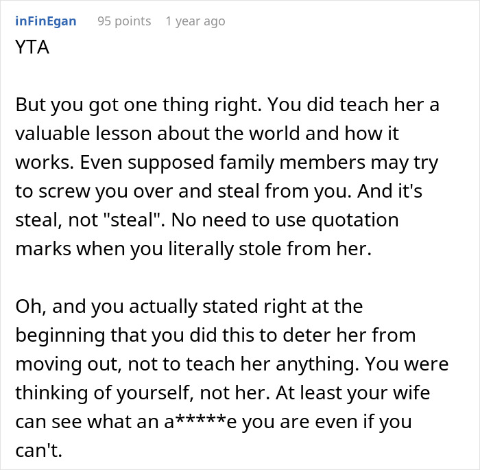 Reddit comment discussing overcharging rent to stepdaughter for doing chores.