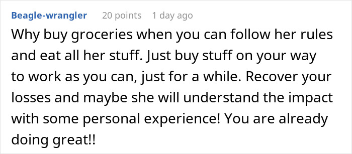 Comment suggesting a solution for dealing with a roommate stealing food, with advice to follow her habits.