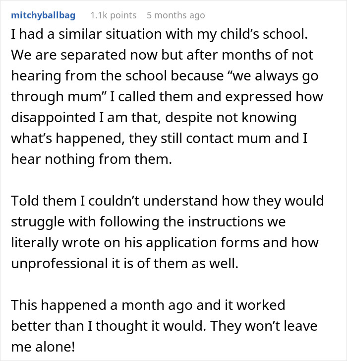 A Reddit user's complaint about a school contacting mom instead of dad for emergencies despite requests. A Reddit user's complaint about a school contacting mom instead of dad for emergencies despite requests.
