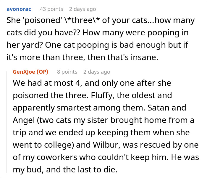 Text exchange discussing neighbor poisoning cats and the impact on their owner.