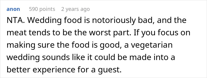 Wedding comment about offering only vegetarian meal options instead of meat for a better guest experience. Wedding comment about offering only vegetarian meal options instead of meat for a better guest experience.