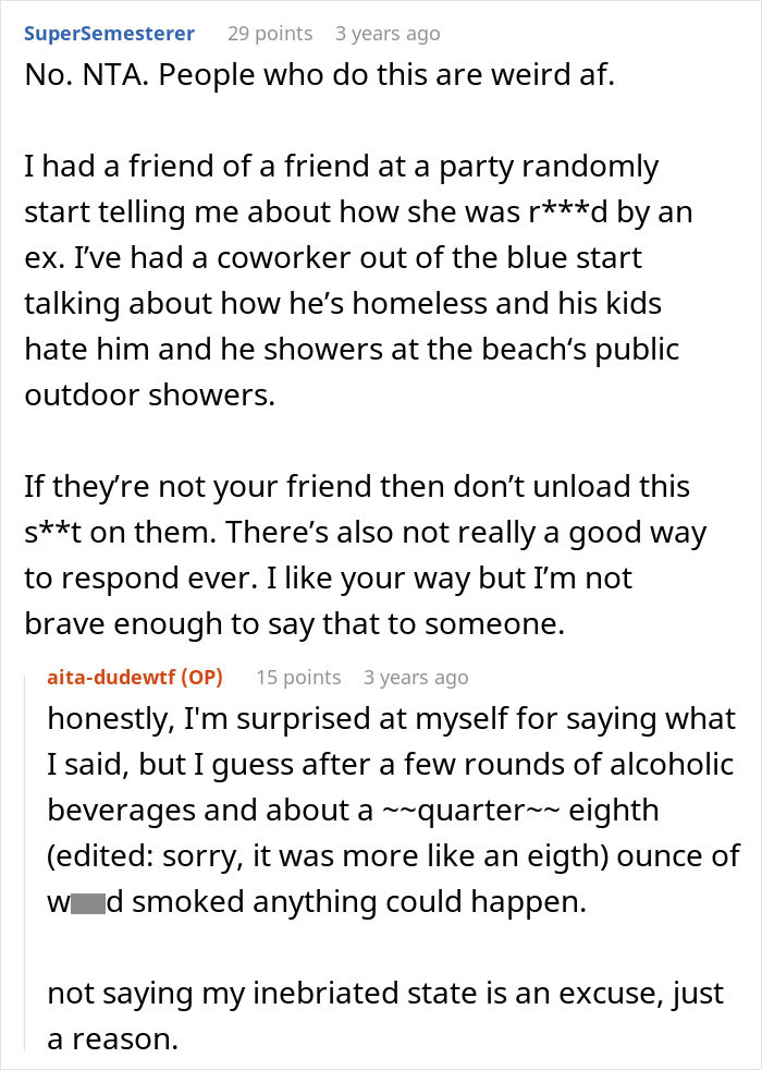 Image of a Reddit conversation about oversharing personal stories and boundaries in social settings.