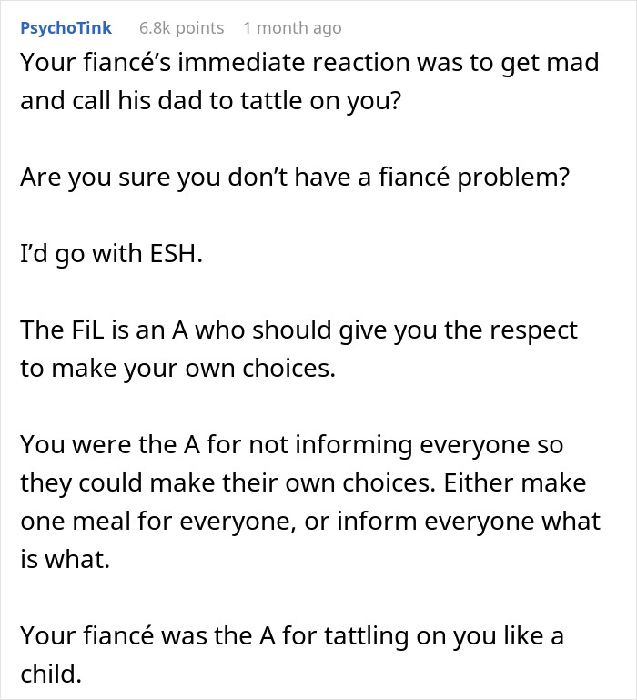 Comment discussing FIL's reaction to vegetarian meatballs and fianc&eacute;'s response.