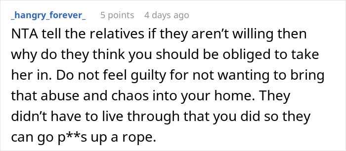 Reddit comment advising against feeling guilty for avoiding family abuse and chaos, using strong language. Reddit comment advising against feeling guilty for avoiding family abuse and chaos, using strong language.