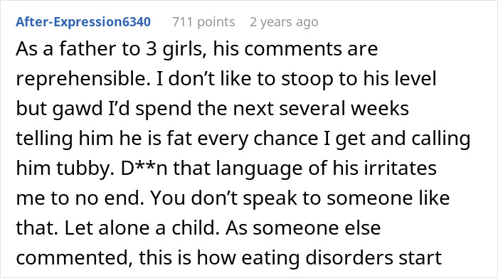 Screenshot of a comment criticizing a father for fat-shaming his 13-year-old daughter and the impact of such language.