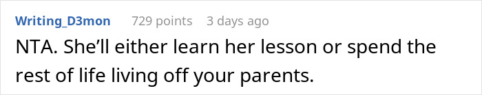 Comment discussing consequences for sister's actions after destroying clothes, emphasizing learning lesson or parental dependence.