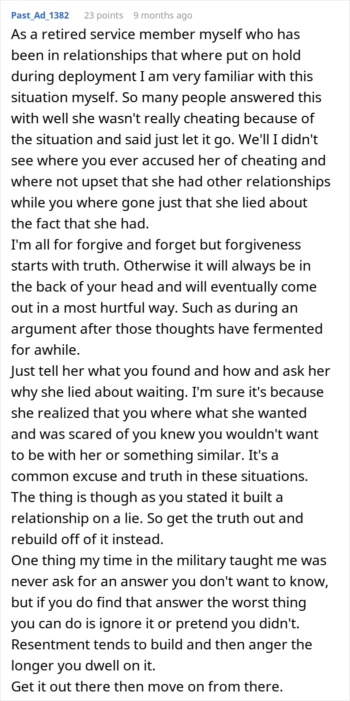 Reddit comment from a retired service member offering advice about marriage and truth in relationships.