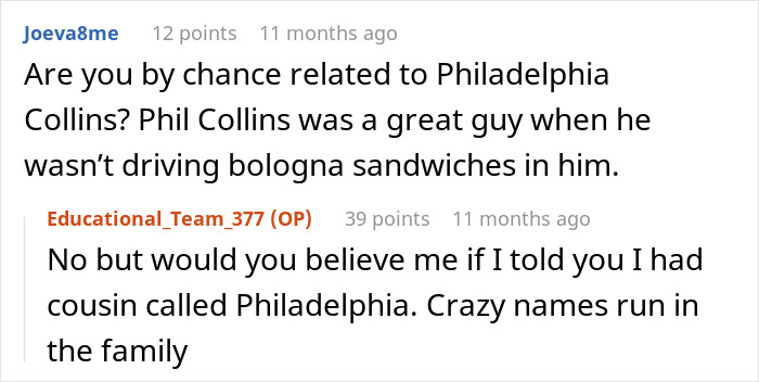 Reddit users exchanging humorous comments about unusual family names.