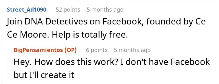 Comments discussing joining DNA Detectives on Facebook for free help after unexpected family DNA results.