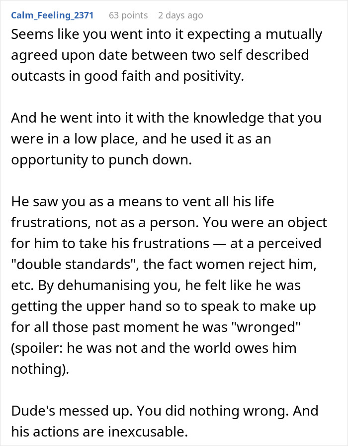 Text comment discussing a date, with a man rejecting a woman for not meeting his standards, highlighting double standards. Text comment discussing a date, with a man rejecting a woman for not meeting his standards, highlighting double standards.