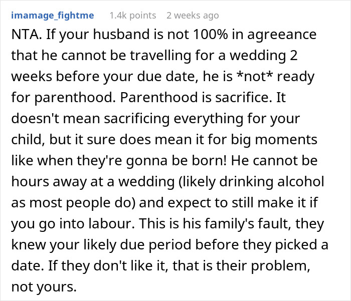 Online discussion about husband skipping sister's wedding near wife's due date.
