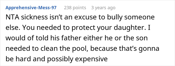 Comment discussing spoiled boy demanding ice cream and pool cleanup responsibility.