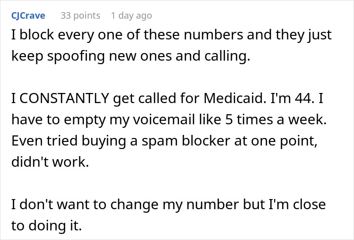 Text conversation about spam callers and blocking attempts.