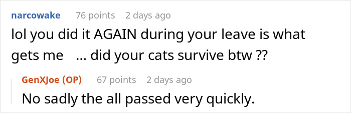 Reddit comment exchange about revenge on a neighbor who poisoned cats, with users expressing concern.