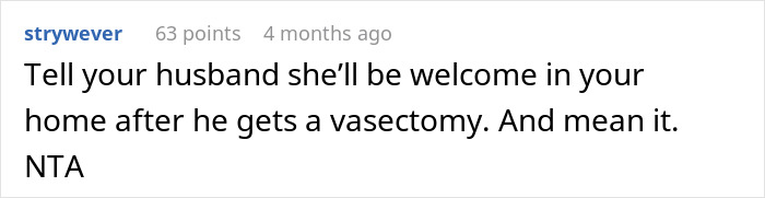 Comment about MIL joking on birth control and vasectomy advice.