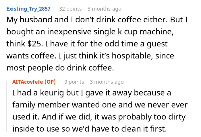 Text exchange discussing not drinking coffee and having a machine for guests, highlighting hospitality and preferences.