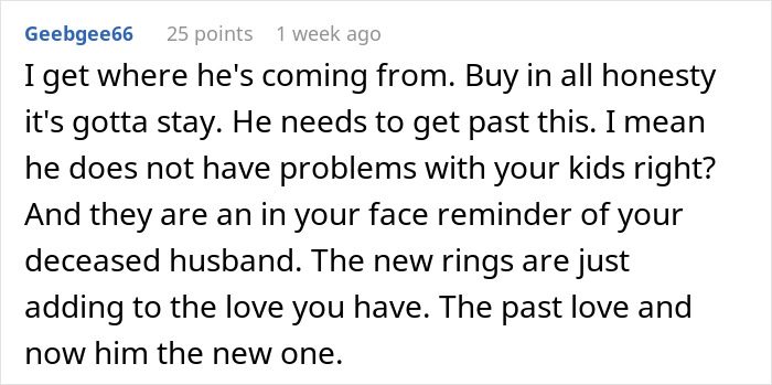 Comment discusses future wife keeping tattoo from late husband, suggesting acceptance and new love.