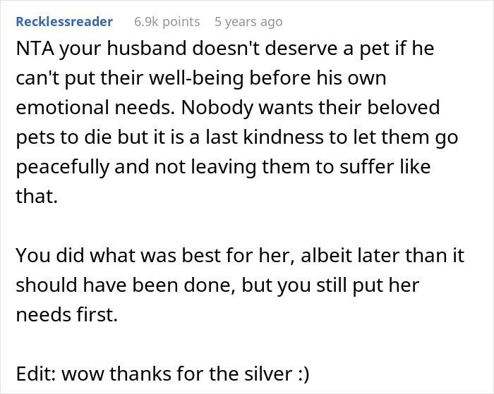 Reddit comment discussing a woman's decision to end her suffering dog&rsquo;s life, prioritizing pet well-being.