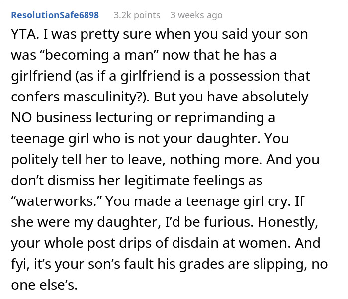 Comment criticizing dad for banning son's girlfriend and blaming son for grades slipping.