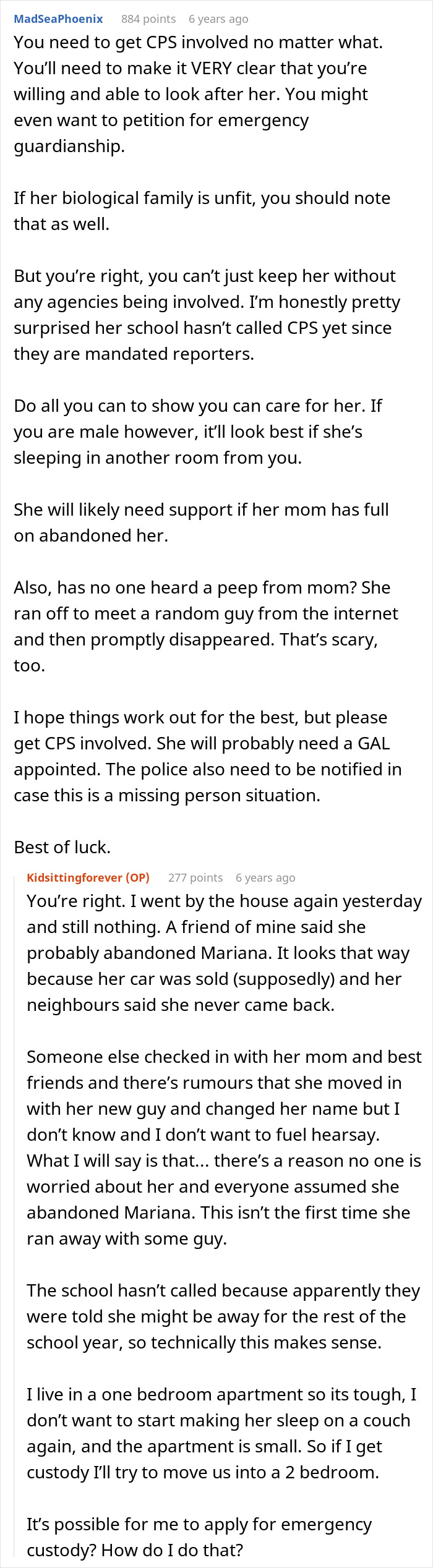 Reddit thread discusses woman abandoning daughter after asking friend to babysit, exploring emergency custody options.