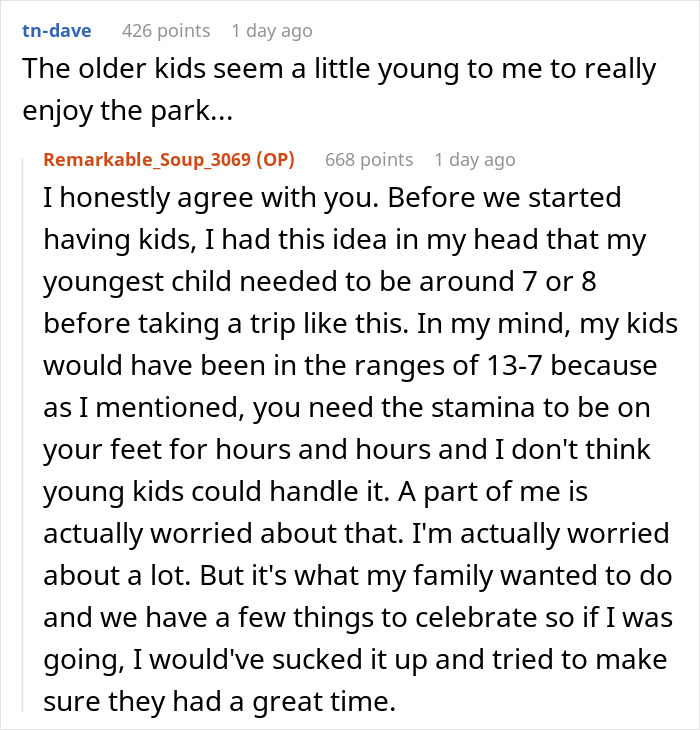 Reddit post discussing family vacation plans and concerns about young kids enjoying a trip.