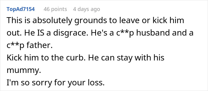 Comment on a forum discussing a woman's response to her husband's reaction to her miscarriage. Comment on a forum discussing a woman's response to her husband's reaction to her miscarriage.