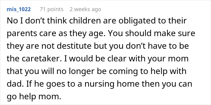 Reddit comment discussing children's obligation to care for aging parents, suggesting alternatives like nursing homes.