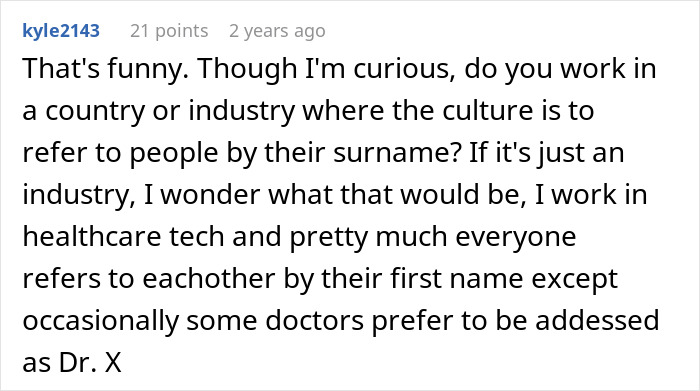 Comment discussing workplace culture in healthcare tech related to the use of surnames.