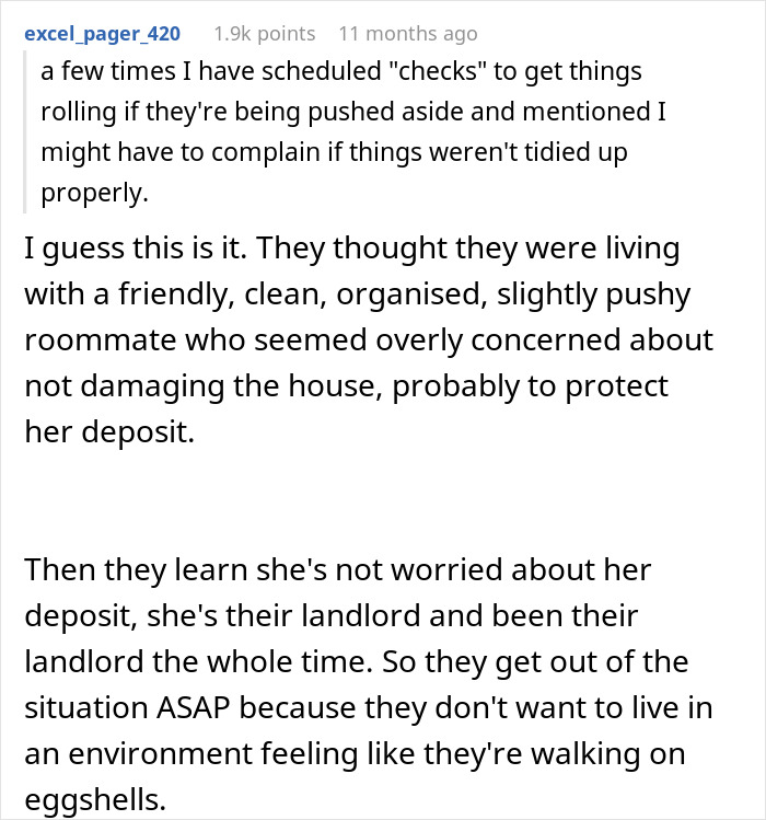 Text excerpt discussing roommates discovering one is the landlord, causing tension and urgency to move. Text excerpt discussing roommates discovering one is the landlord, causing tension and urgency to move.