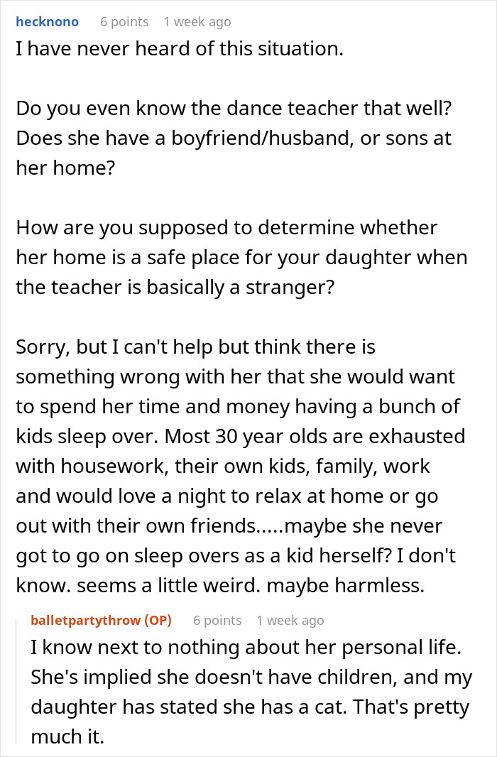 Reddit user expresses concerns over dance teacher's sleepover invitation, discussing safety and personal boundaries.