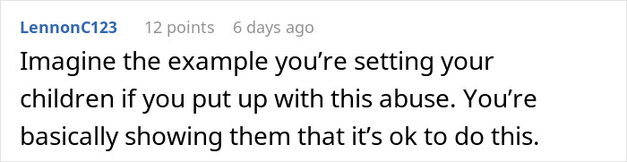 Text comment discussing the impact of anger and abuse on setting examples for children.