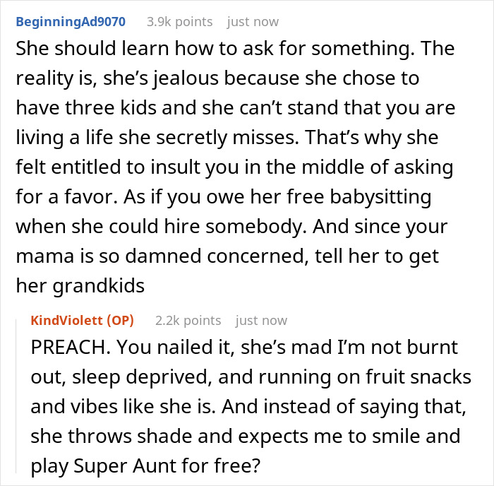 Text exchange about stress and babysitting, highlighting sibling conflict over childcare expectations.