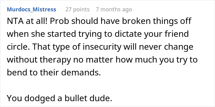 Text exchange discusses breaking off engagement due to insecurity, advice given to fianc&eacute; on dodging a bullet.