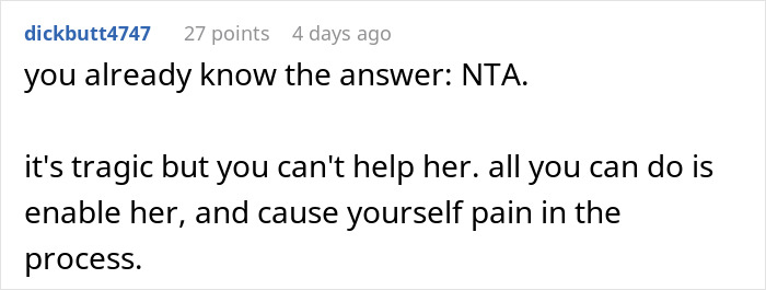 Reddit comment advising against enabling a toxic mother-daughter relationship. Reddit comment advising against enabling a toxic mother-daughter relationship.