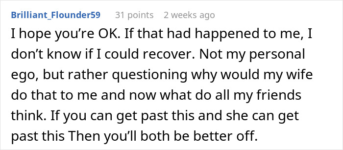 Comment discussing divorce after a wife's drunken behavior, questioning recovery and friends' opinions. Comment discussing divorce after a wife's drunken behavior, questioning recovery and friends' opinions.