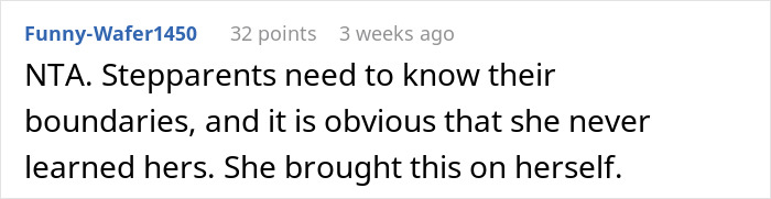 Text comment from Funny-Wafer1450 discussing stepparents' boundaries and mentioning someone being upset about an excluded wedding stepmil situation.