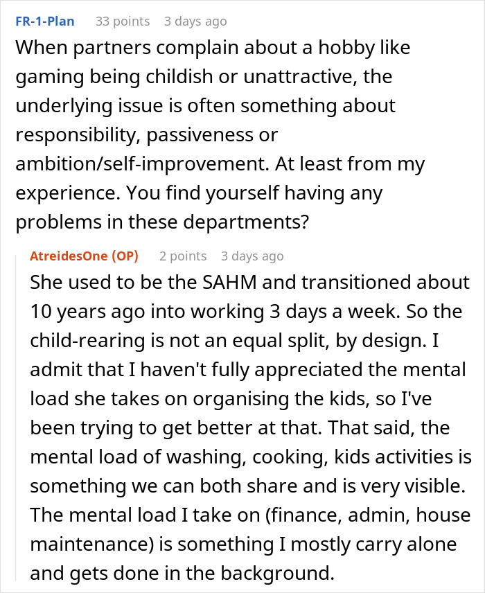 Reddit discussion: balancing mental load in a marriage where video games are seen as juvenile.