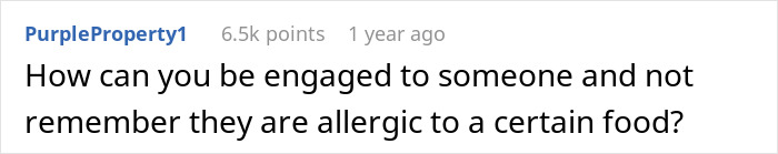 Comment questioning how a fianc&eacute;e could forget their partner's food allergy, sparking reconsideration over a sandwich.