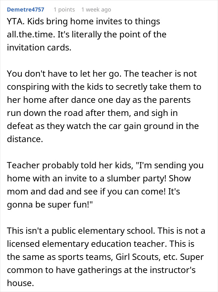 Reddit comment discussing a mom's reaction to a dance teacher's sleepover invite.