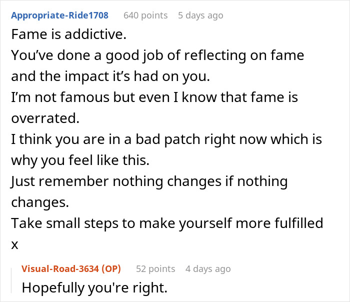 Reddit comment about celebrity feeling tired and disillusioned with fame; advice given on reflecting and finding fulfillment.