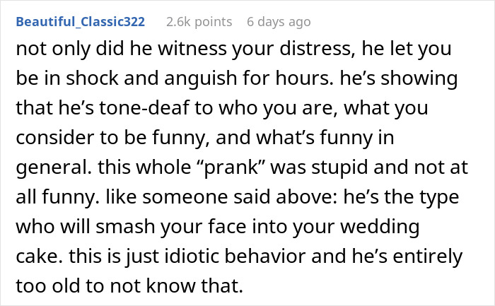 Reddit comment criticizing a prank gone wrong involving a fake affair and pregnancy leading to a breakup. Reddit comment criticizing a prank gone wrong involving a fake affair and pregnancy leading to a breakup.