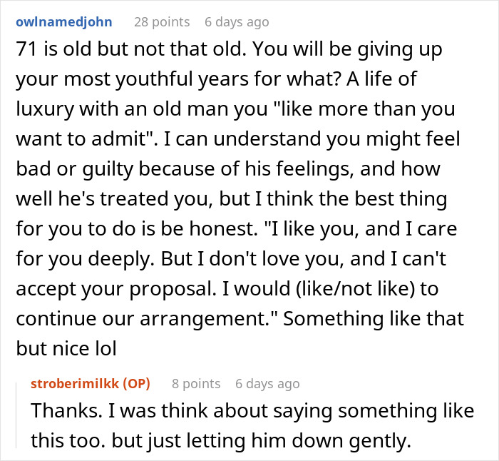 Reddit conversation about sugar daddy's marriage proposal and woman&rsquo;s response.