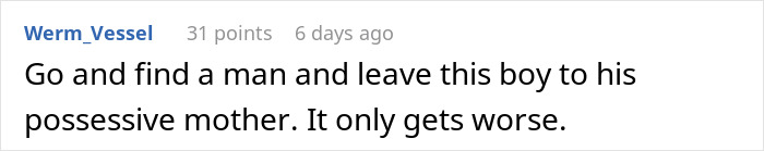 Comment discussing a couple breakup after the guy&rsquo;s mom jokingly takes the girlfriend&rsquo;s seat to separate them.