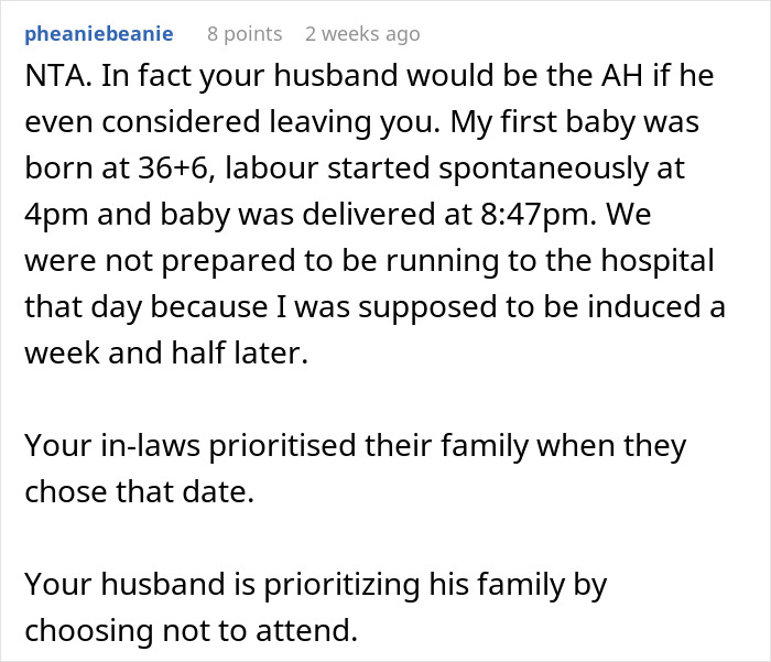 Text discussion about mom-to-be demanding husband skip sister's wedding due to due date proximity.