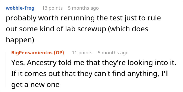 Discussion on DNA test accuracy in an online thread with users seeking solutions to potential lab errors.