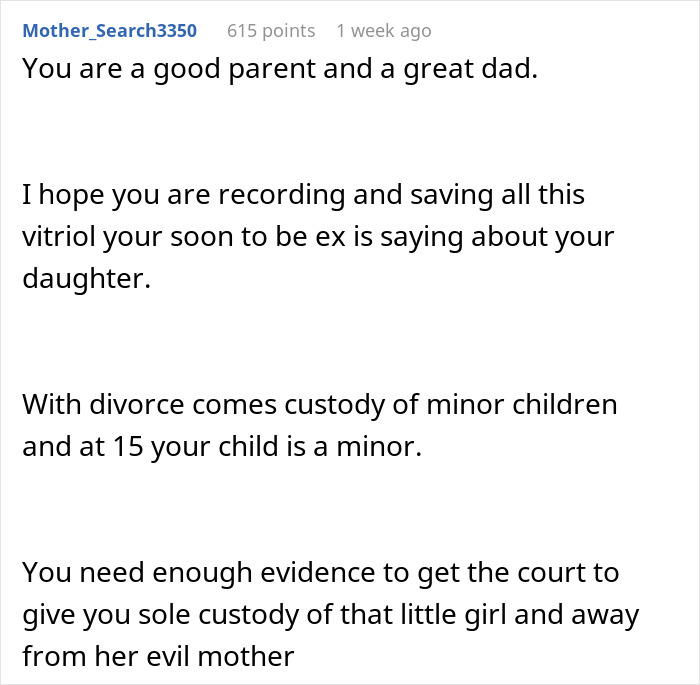 Comment supporting dad defending bi daughter amid wife threatening divorce, discussing custody and family conflict. Comment supporting dad defending bi daughter amid wife threatening divorce, discussing custody and family conflict.